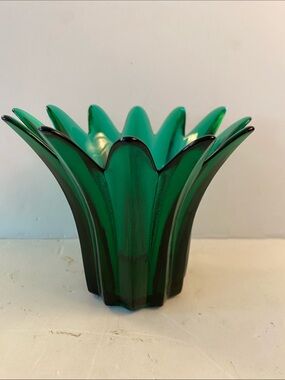 Green Sculptural Art Glass Candle Holder with Fluted Petal Rim